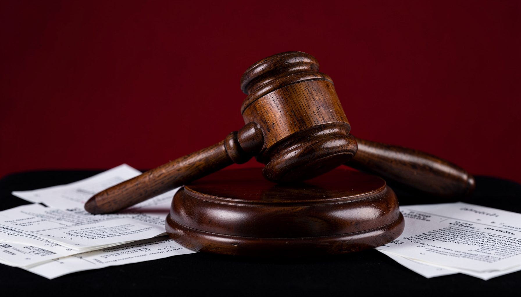 A close cropped studio photograph of a wooden gavel and scattered legal documents on a dark red and black backdrop
